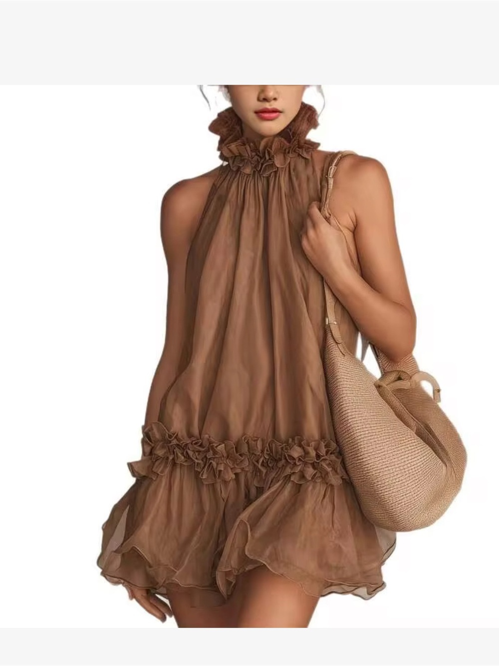 Women’s Brown Ruffle-Hem Halter Dress